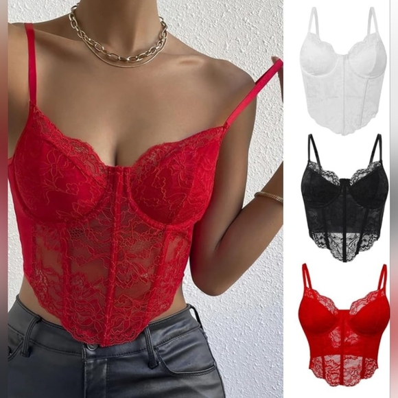 TOP RED Sleeveless floral lace top tube top bustier vest corset top red summer - Picture 3 of 14